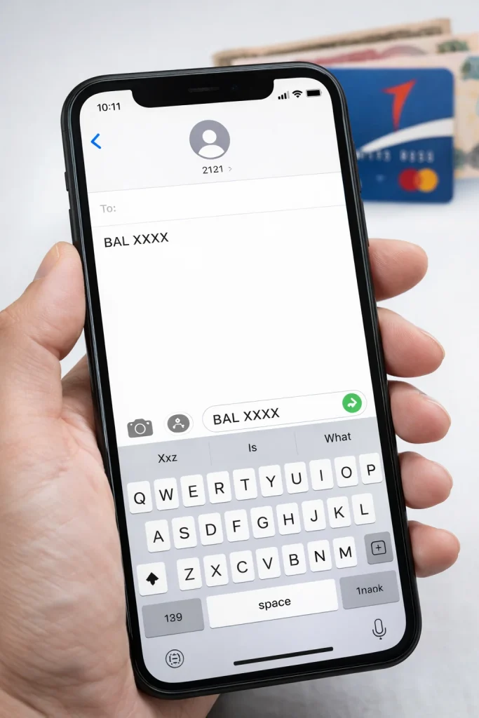 Person-holding-smartphone-typing-SMS-balance-inquiry-to-number-2121-with-a-bank-card-in-the-background.