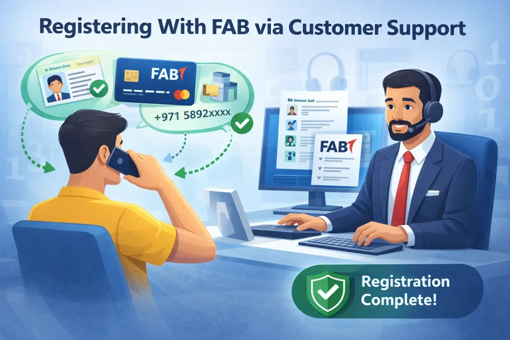 Illustration-of-a-customer-registering-with-FAB-via-customer-support-call-using-Emirates-ID-and-mobile-number.
