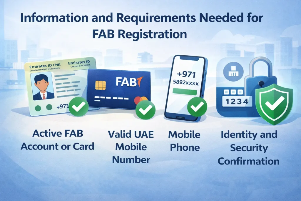 Infographic-showing-FAB-registration-requirements-including-active-account-valid-UAE-mobile-number-and-identity-security-confirmation.