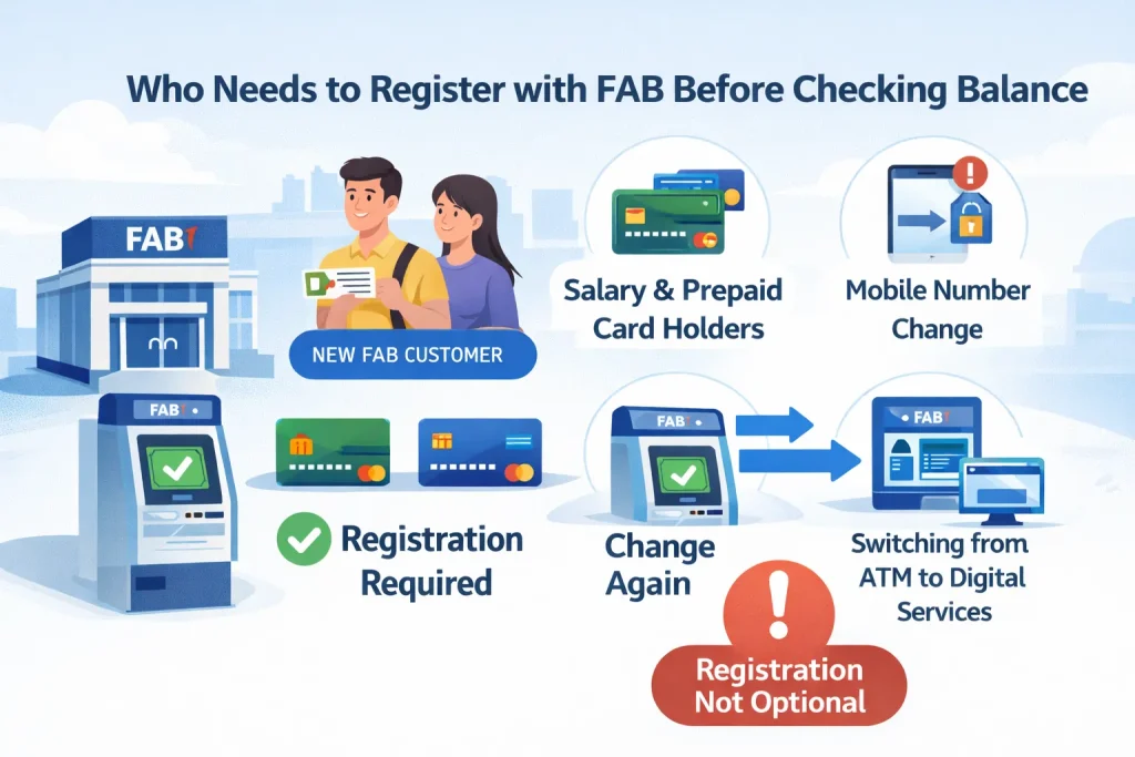 Infographic-showing-FAB-registration-requirements-for-salary-card-holders-new-customers-and-mobile-number-changes-before-checking-balance.