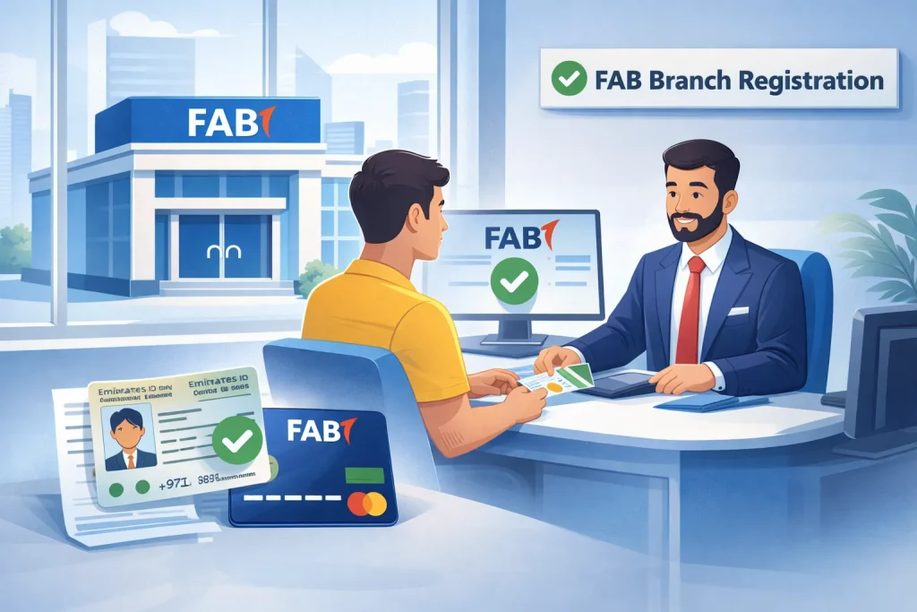 Illustration-of-a-customer-registering-at-a-FAB-branch-with-an-agent-using-Emirates-ID-and-bank-card.