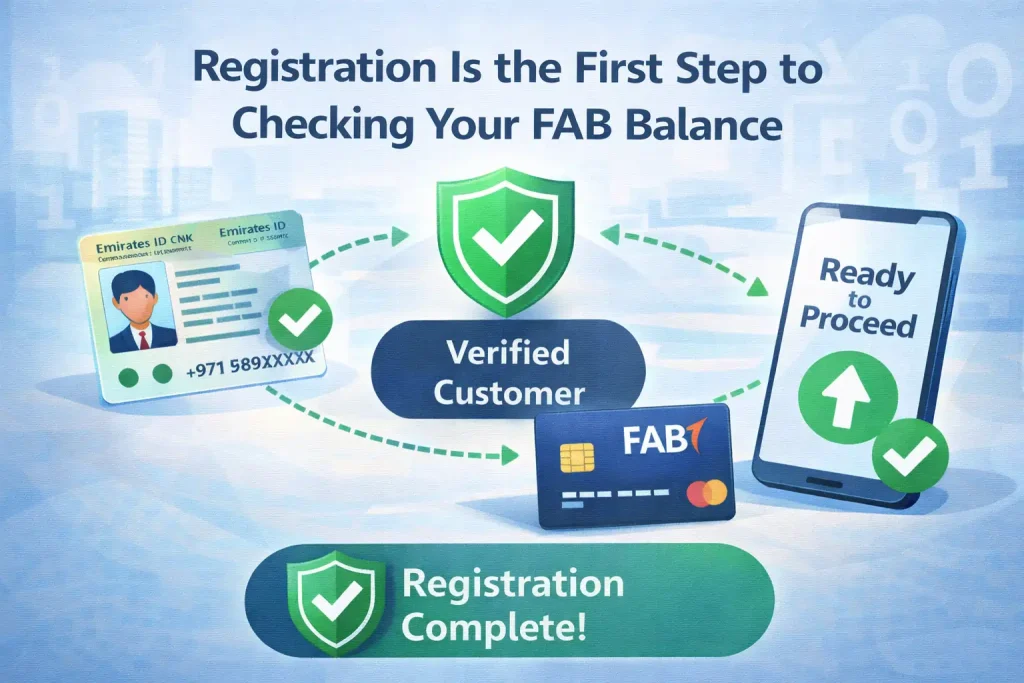 Infographic-stating-that-registration-is-the-first-step-to-checking-FAB-balance-with-verified-customer-and-account-linking.