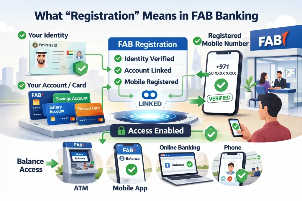 Infographic-explaining-FAB-banking-registration-linking-Emirates-ID-account-and-mobile-number-for-app-ATM-and-online-access.