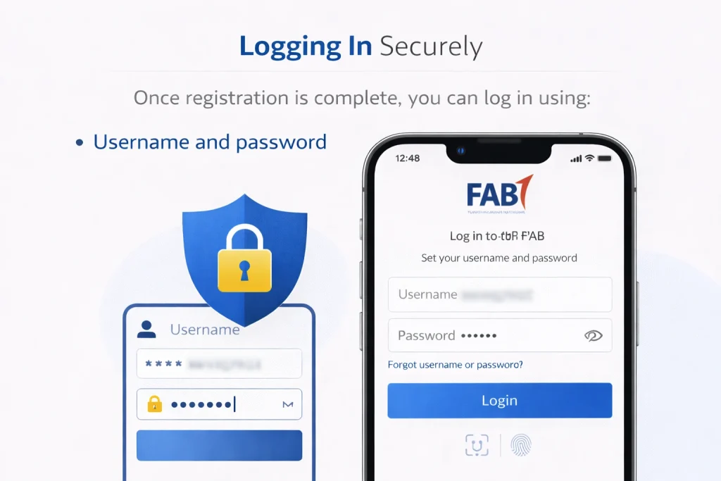 Infographic-showing-secure-FAB-app-login-process-using-a-username-and-password-on-a-smartphone-interface.